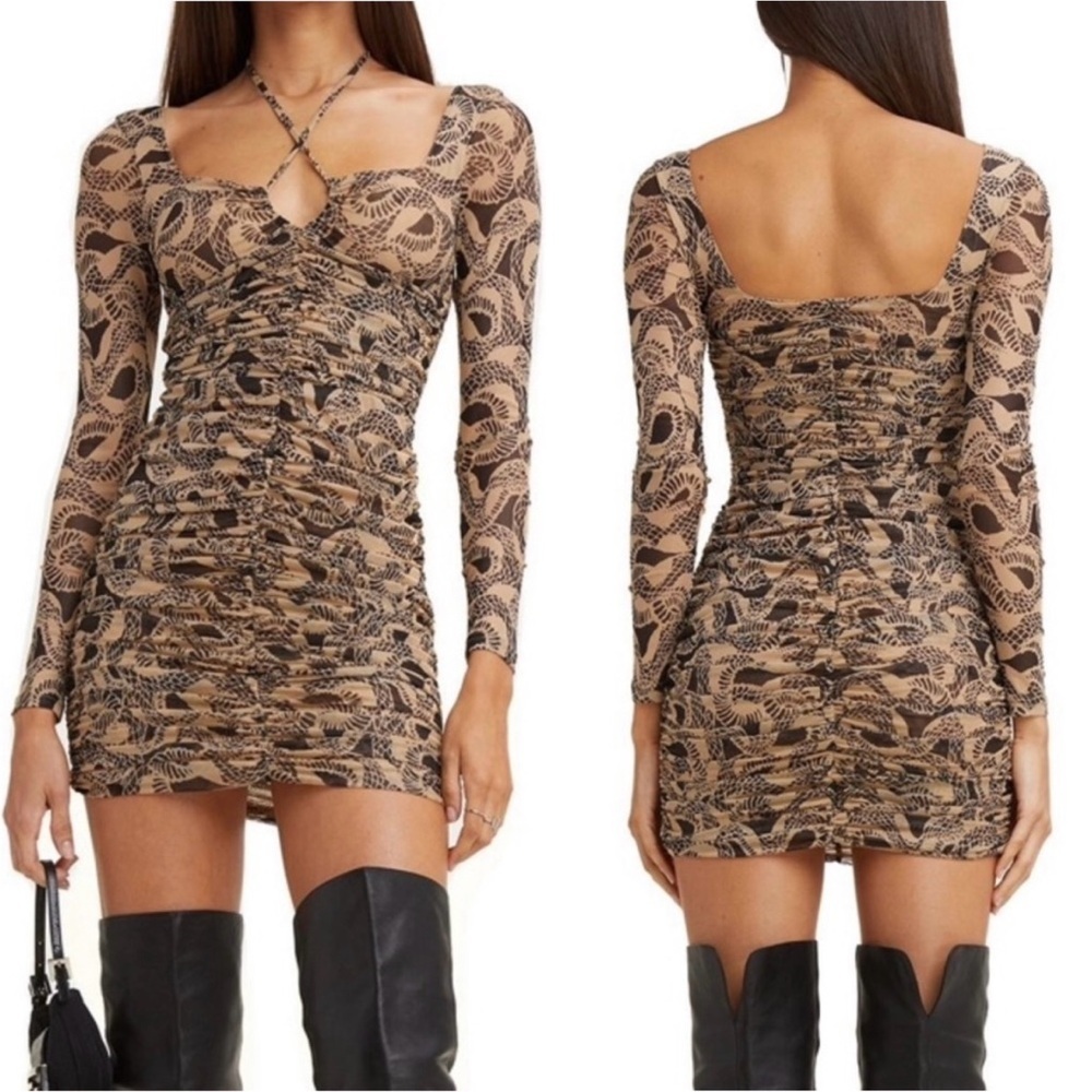 I.AM.GIA Dress Colette Long Sleeve Mesh Mini Ruched Bodycon Snakeprint XS